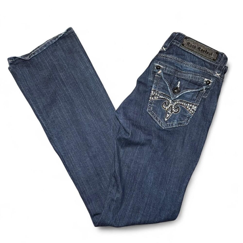Rock Revival Women’s Size 28 Sora Bootcut Jeans Dark Wash Embellished Flap Pocke
